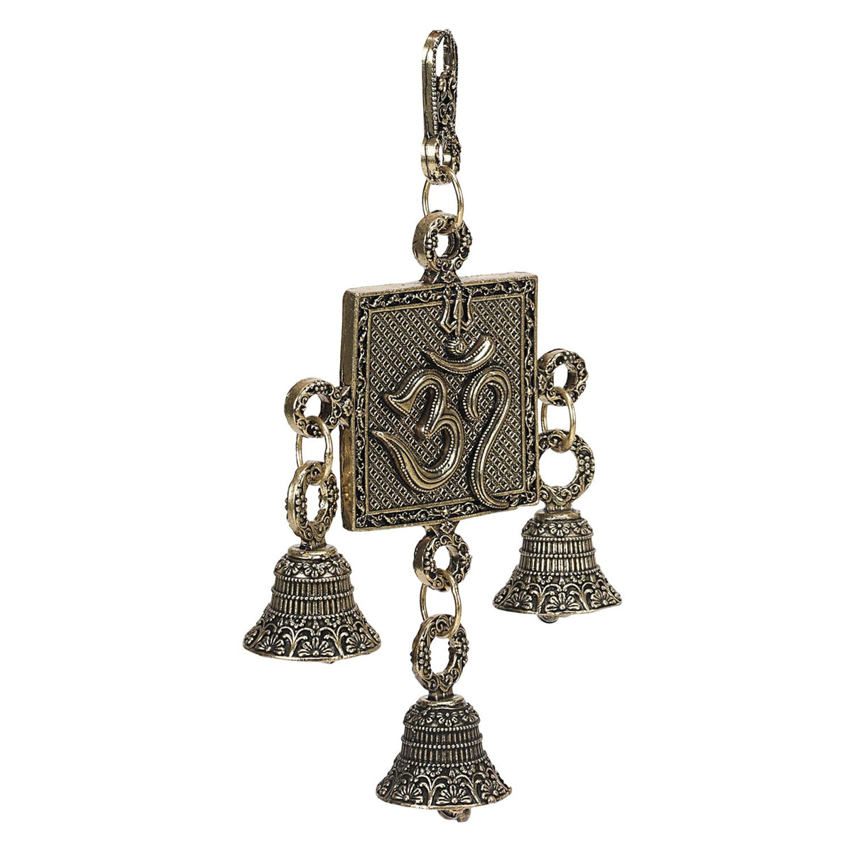 ARTVARKO Brass Trishul Om with Bells Wall & Door Hanging Home Decor with 3 Bells Height 6 Inch