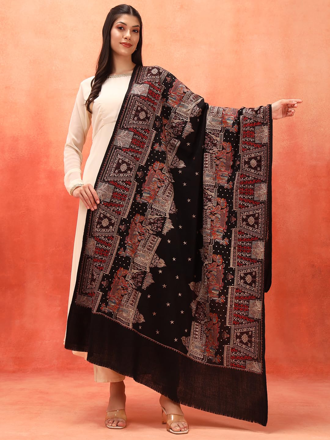 Pashmoda Women Zavian 100% Pure Wool Fabric Sozni Embroidered Shawl, Stole and Wrap, Heritage Pashmina Kashmiri Stole, Shawl, Wrap (Size: 40x80 Inches, Black Color) LIS38
