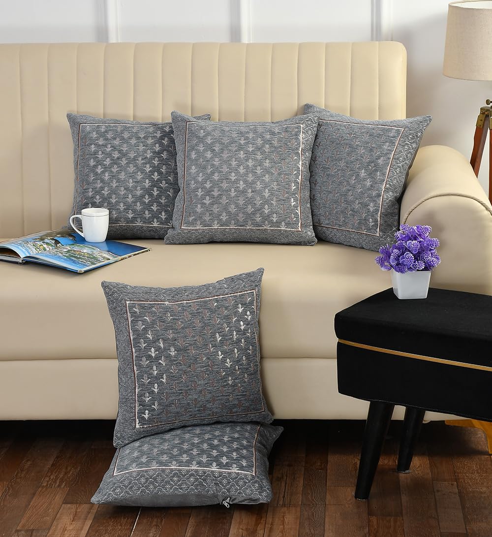 DECOMIZER Jacquard Geomteric Cushion Covers 24 Inch X 24 Inch Set Of 5 Ethnic Motifs 240 TC Cushion Covers,Design- Star,Color- Grey