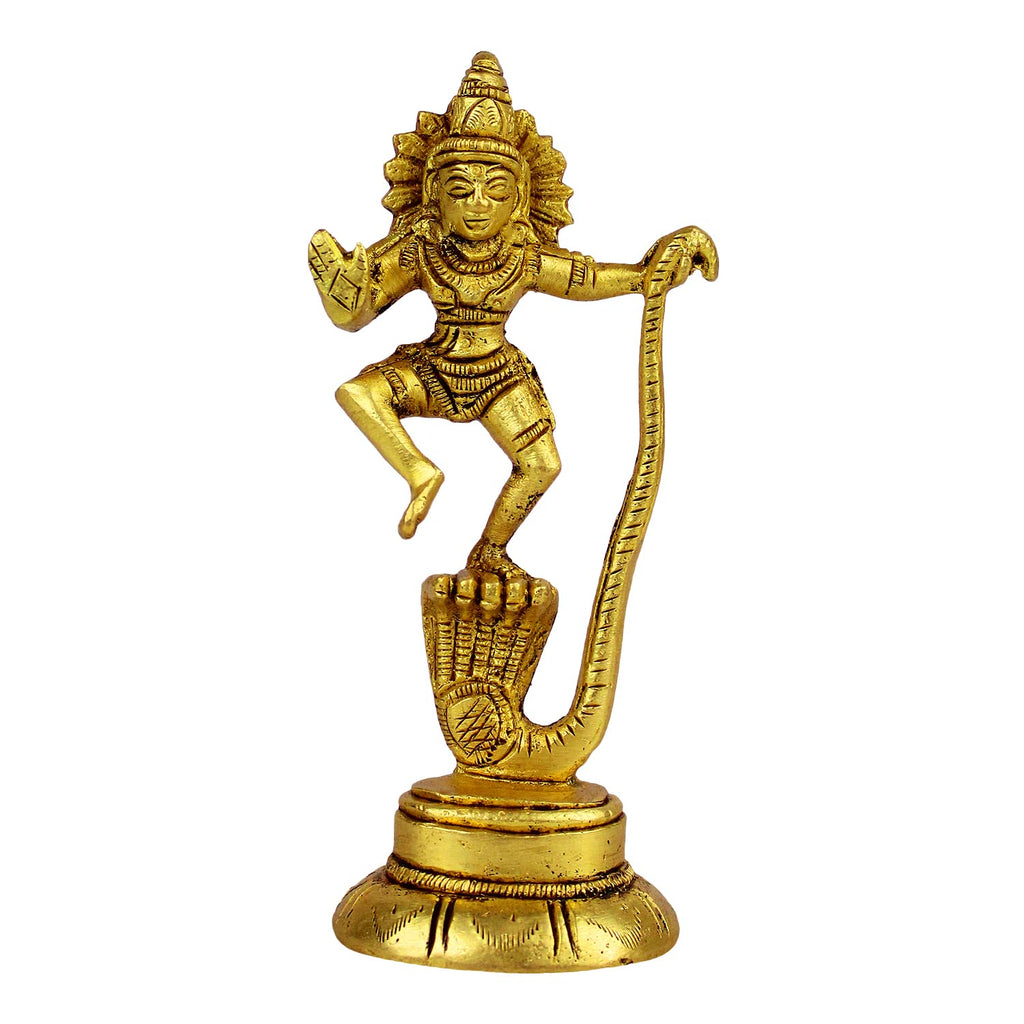 ARTVARKO Brass Dancing Krishna Statue Standing on Shesh Naag Hood Murti Vastu Religious Figurine for Mandir, Living Room, Office Table and Home Decor Gift Small 4 Inch