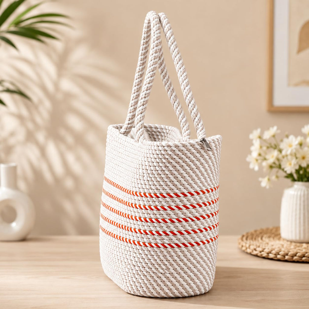 YOUD Rope Handbag | Cotton Tote Handmade Bag for Women | Woven Stylish Shopping Purse (White)