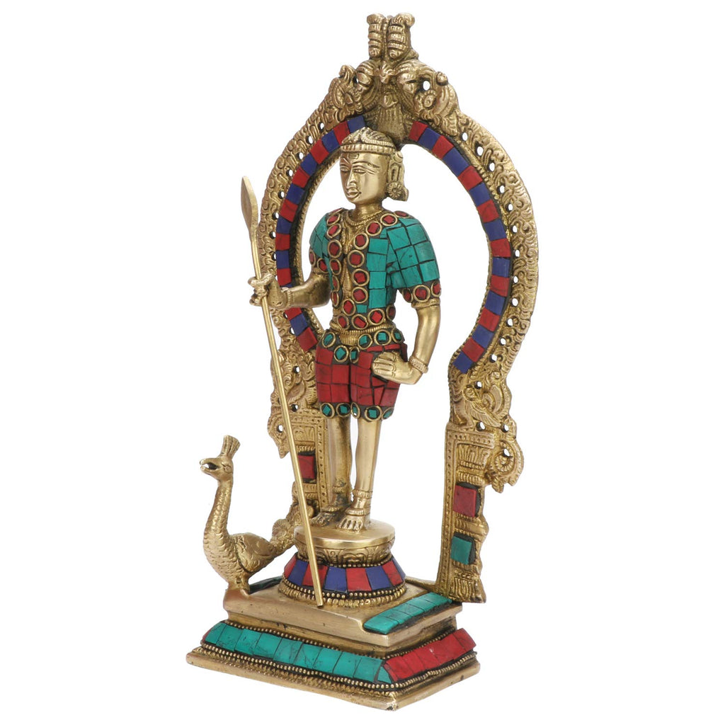 ARTVARKO Lord Swami Kartikeya Ji Kartik Statue with Peacock Brass Multicolor Gemstone Handwork Murugan Subramanya Murti Height 10 Inches
