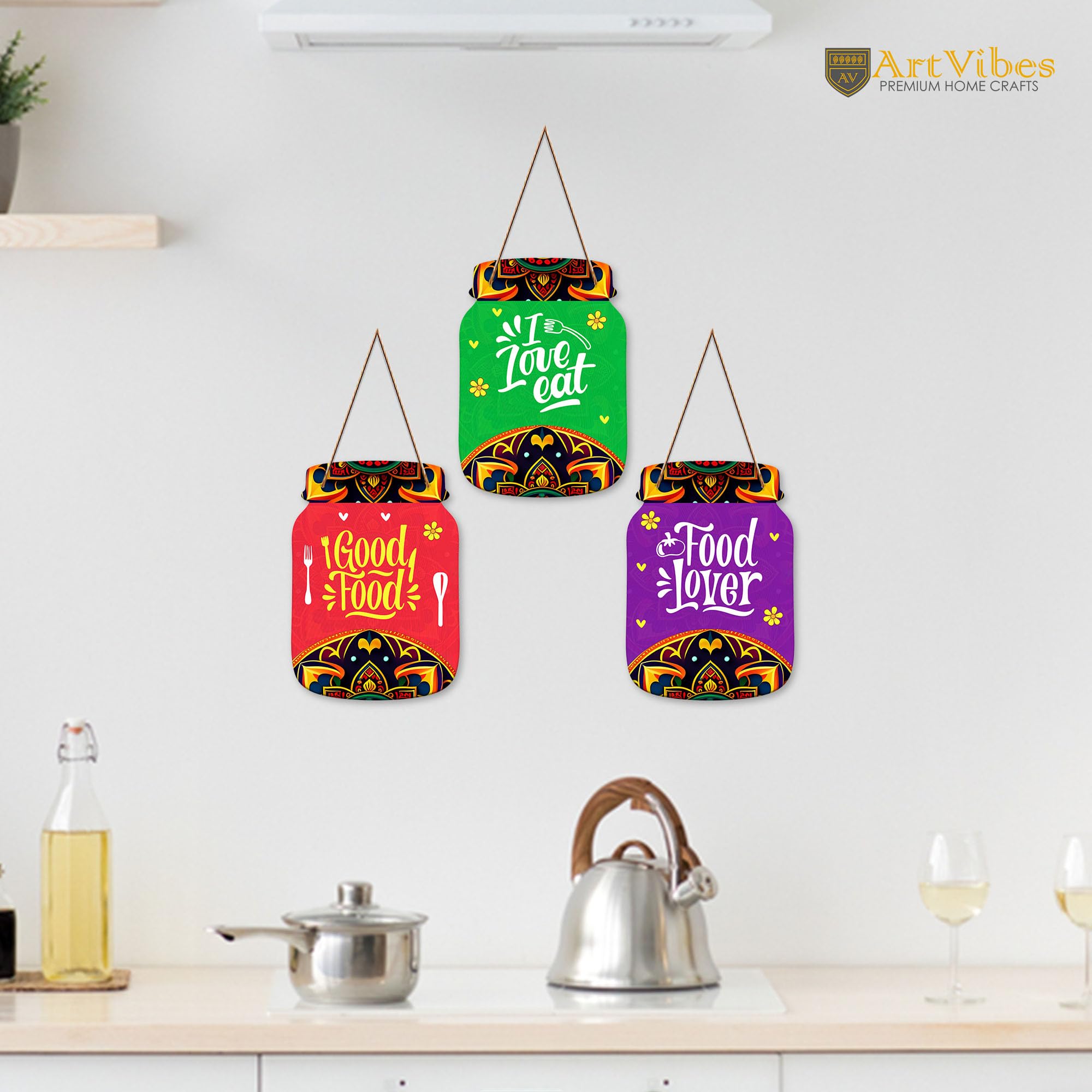 Artvibes Food Lover Quote Kitchen Printed Wooden Wall Hanging for Kitchen | Cafe | Restaurant | Dining Room | Quotes Decor Item | Wall Poster | Food Quotes Decoration | Gift Items(WH_8912N), Set of 3