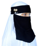 AL RIDHA Women's Babussalam Fabric Fashion Nosepiece One‑Layer Half Hijab Pendant Design Saudi Niqab for Muslim Women and Girls, Black (Floral Pearl Pendant)