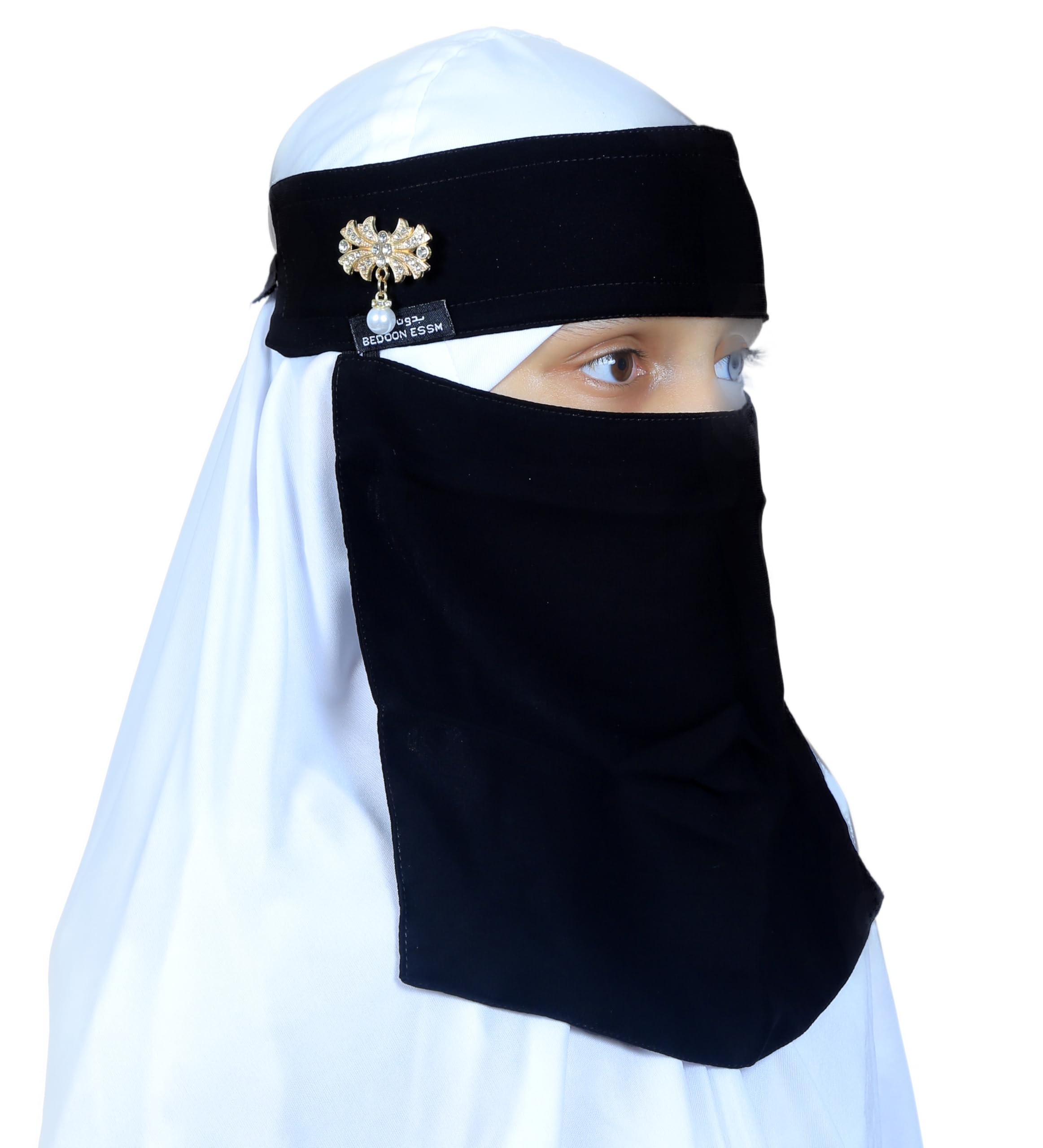 AL RIDHA Women's Babussalam Fabric Fashion Nosepiece One‑Layer Half Hijab Pendant Design Saudi Niqab for Muslim Women and Girls, Black (Floral Pearl Pendant)
