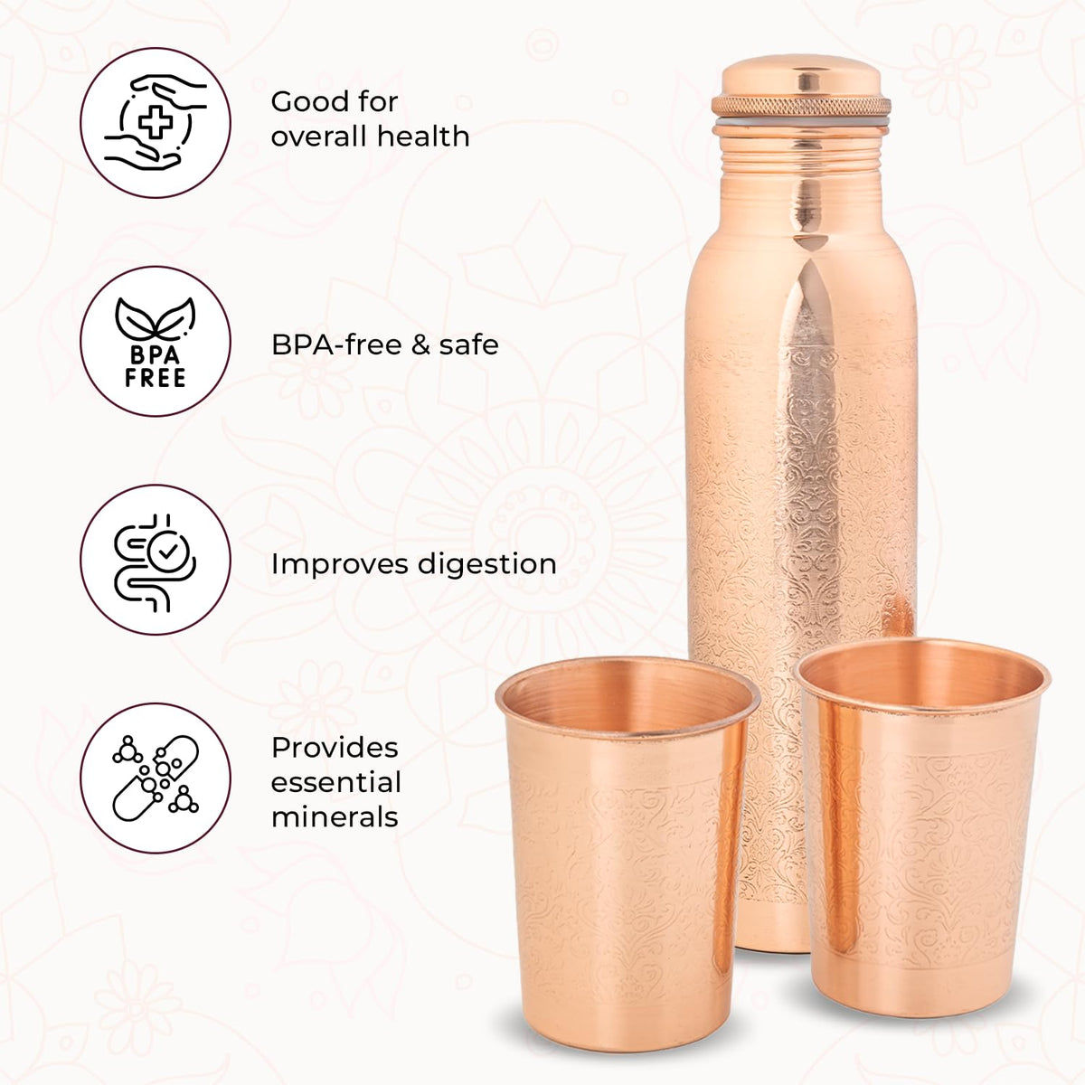AURASHIE Pure Copper Drinkware Gift Set – Embossed Design with 1 Bottle (900 ML) & 2 Glasses (300 ML) in a Blue Box – Gifting Item for Diwali, Weddings, and Festive Occasions