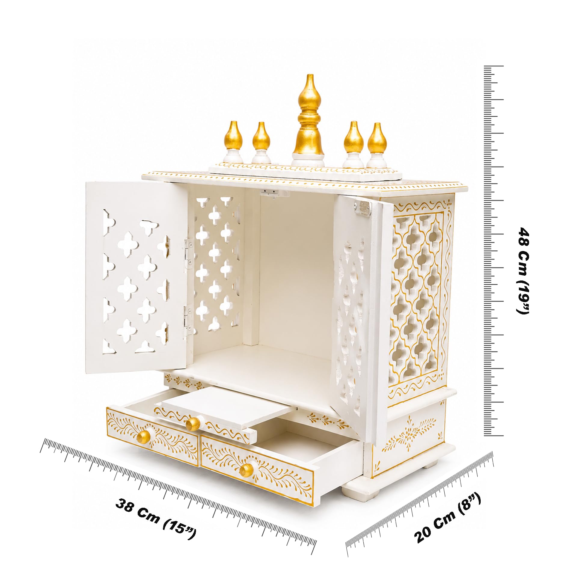 Vipron 15'' White Wooden Hindu Temple for Home Handpainted Mandir with Door Wall Mount Pooja Ghar