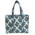 Bazaar Bhoot Edition Premium Cotton Quilted Shopping Tote Bag - Multipurpose Long Lasting Foldable Reusable Bag with zipper for Shopping, Travel & Daily Use (Floral White & Blue (250 GSM Cotton))