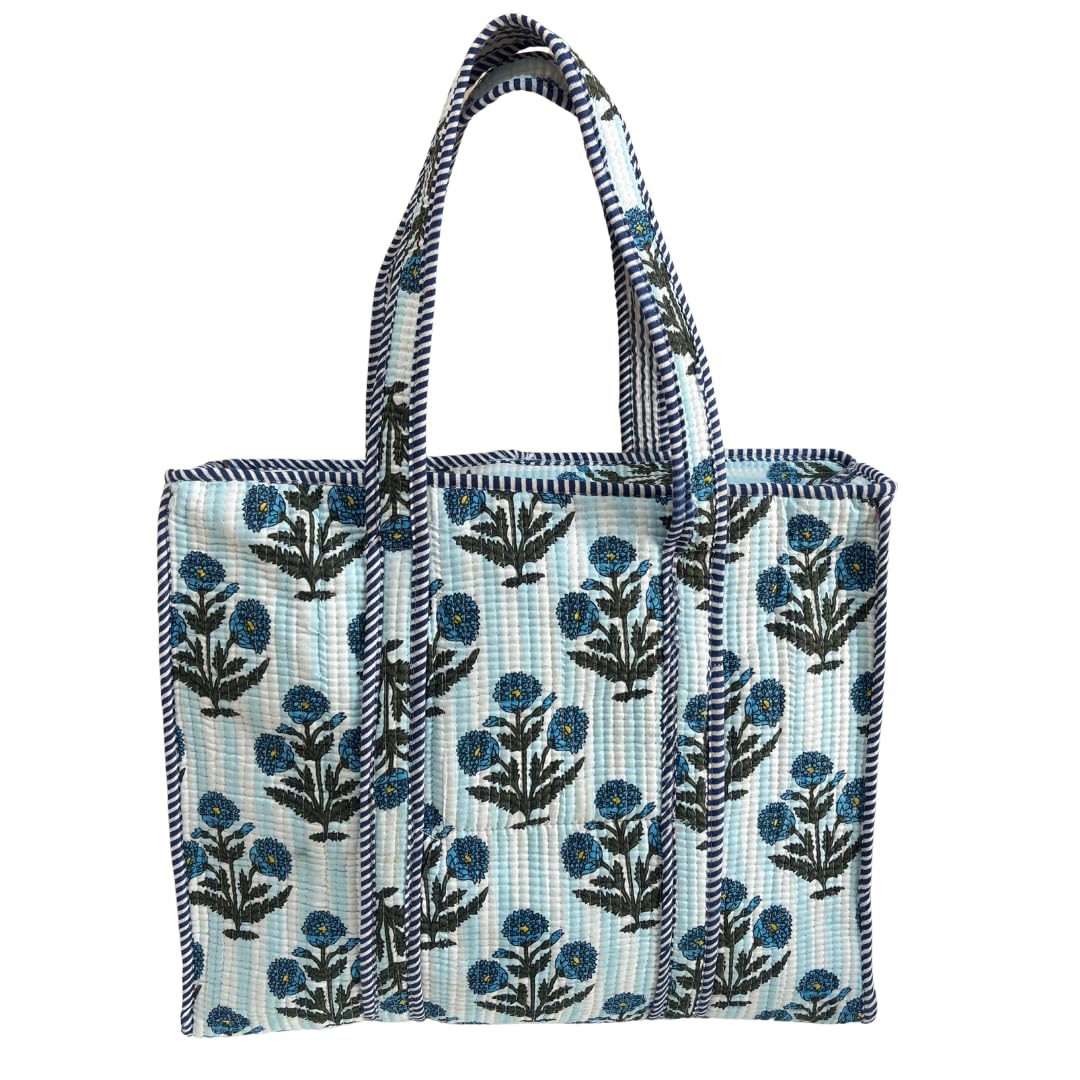 Bazaar Bhoot Edition Premium Cotton Quilted Shopping Tote Bag - Multipurpose Long Lasting Foldable Reusable Bag with zipper for Shopping, Travel & Daily Use (Floral White & Blue (250 GSM Cotton))