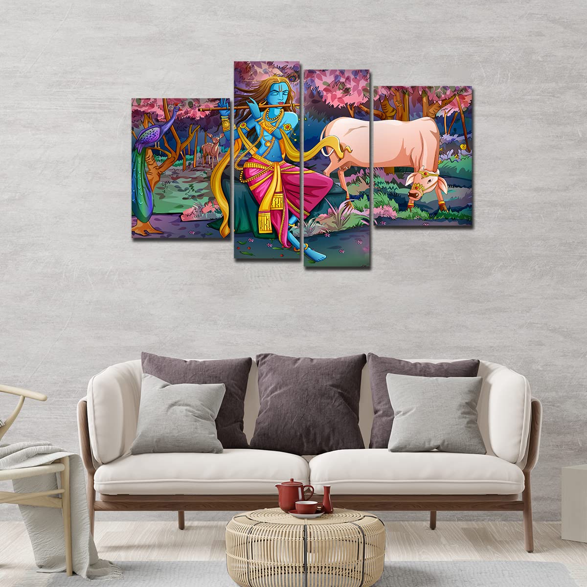 VIBECRAFTS Shree Krishna Playing Flute In The Forest 4 Pieces Canvas Wall Painting Fitted With Wooden Frame For Home | Office | Living Room | Gifts (PTVC4Pcs2_14504)