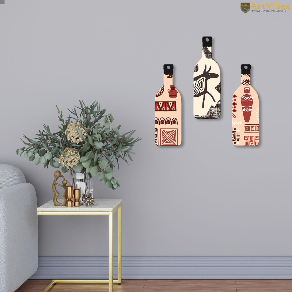 Artvibes African Warli Art Decor Bottle shaped Wooden Wall Hanging | Living Room | Handcrafted Art | Wall Illustrations | Art Prints | Aesthetic Wall Art | Ideal Gifts (WH_9514N), Set of 3