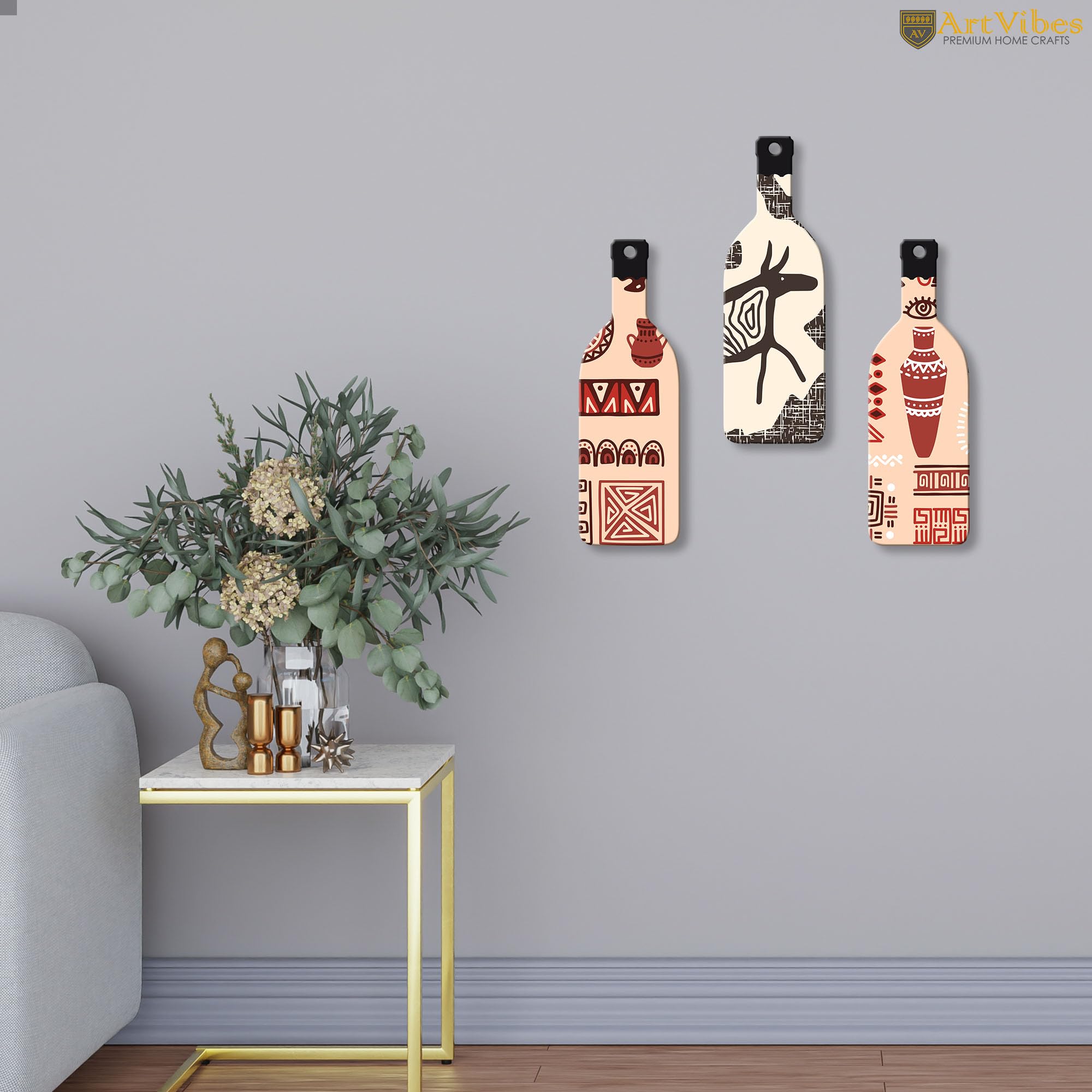 Artvibes African Warli Art Decor Bottle shaped Wooden Wall Hanging | Living Room | Handcrafted Art | Wall Illustrations | Art Prints | Aesthetic Wall Art | Ideal Gifts (WH_9514N), Set of 3