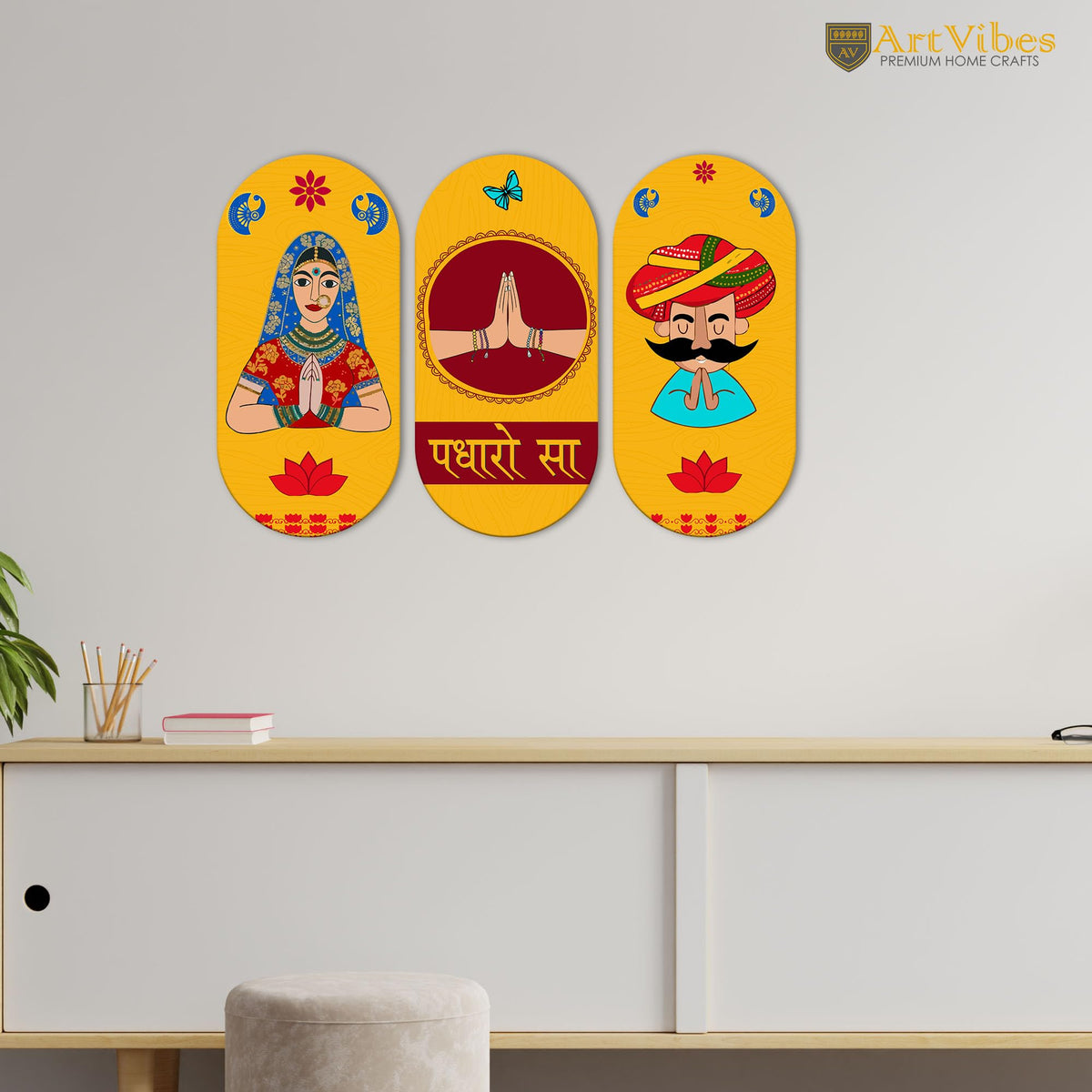 Artvibes Padharo Sa Rajasthani Art Wooden Wall Hanger for Home | Office | Living Room | Gift | Modern Decoration Items | Kitchen Wall Decor | Artworks (WH_9023N), Set of 3