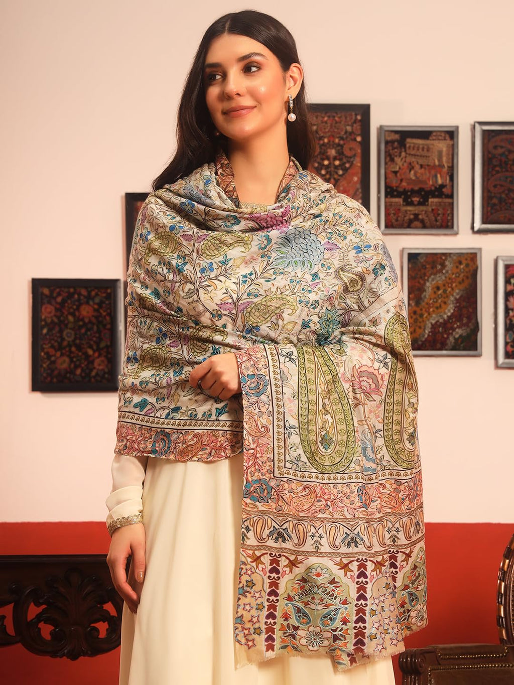 Pashmoda Women Rangkaar Fine Wool Fabric Pashmina Kalamkari Embroidered Shawl (Size: 40x80in, 101x203cm) KAS14