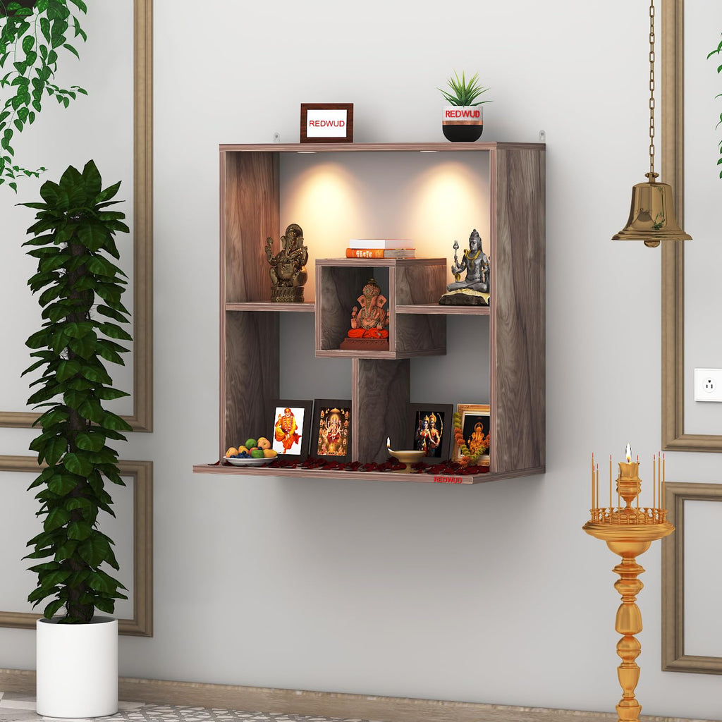 Redwud Shally Engineered Wood LED Light Wall Mounted Puja Temple for Home & Office | Modern Design Stylish God Stand Pooja Mandir | Coachwood (D.I.Y-Installation)
