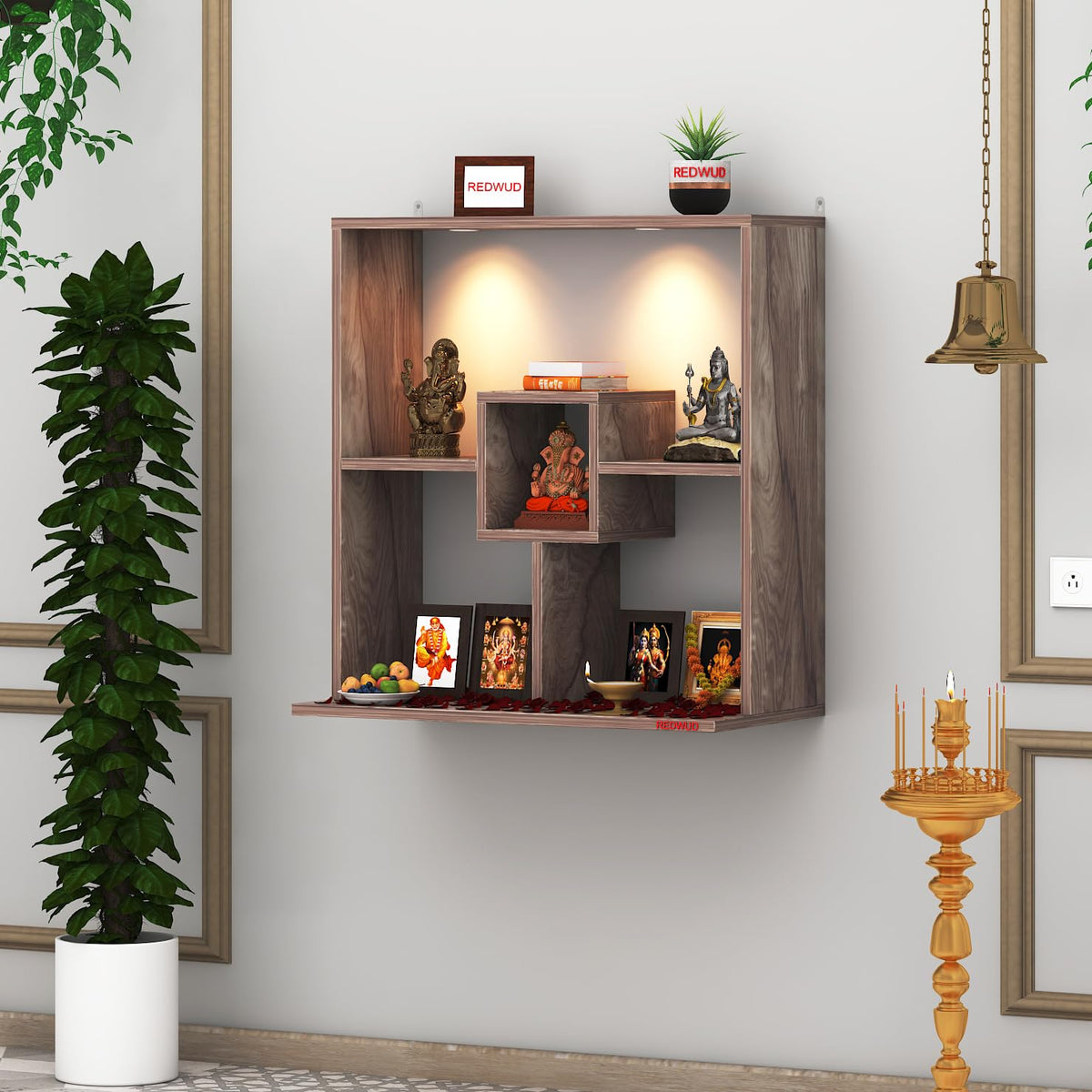 Redwud Shally Engineered Wood LED Light Wall Mounted Puja Temple for Home & Office | Modern Design Stylish God Stand Pooja Mandir | Coachwood (D.I.Y-Installation)