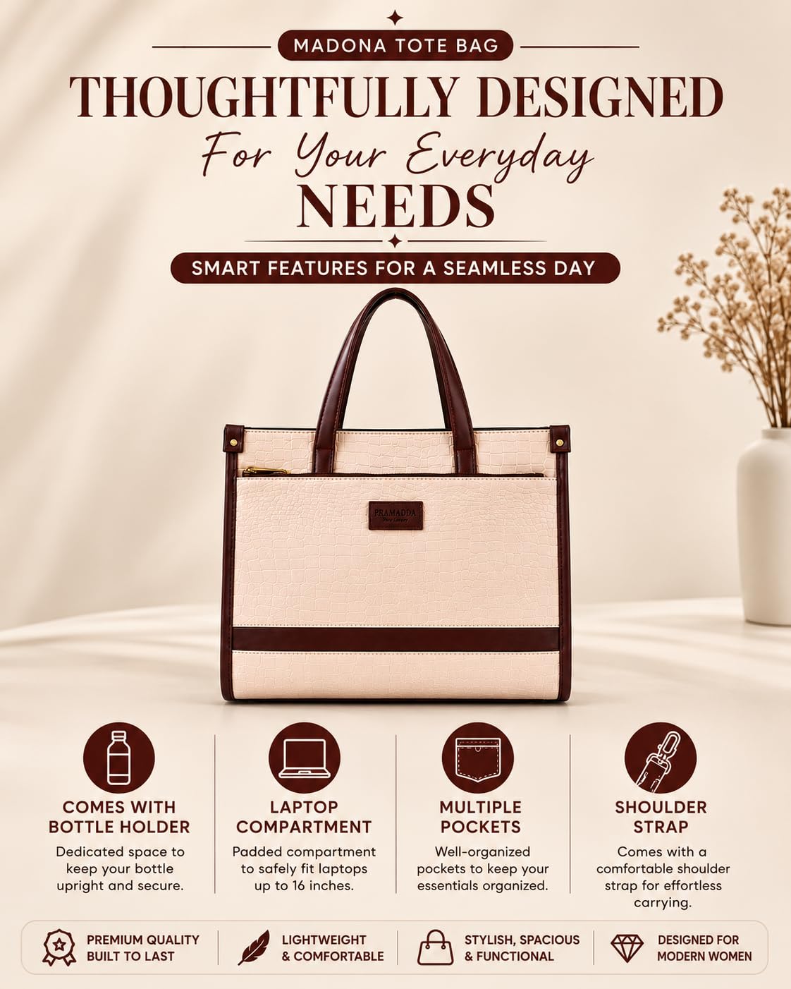 Pramadaa Pure Luxury Classic Madona Work Tote bags for women office use | hand bags for women's stylish | bags for women latest | Laptop Office Shoulder Handbag. (Walnut Beige)