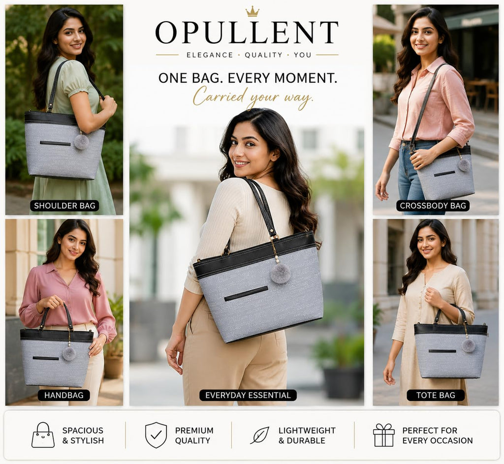 OPULLENT Large Capacity Tote Bag For Women Grey & Black