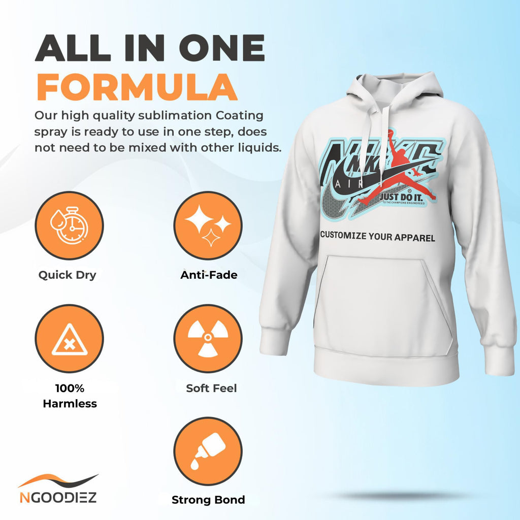 NGOODIEZ Sublimation Coating Spray for Cotton T-Shirts, All Fabric Including Polyester, Carton, Tote Bag, Pillows,Socks with high Gloss Finish and Quick Dry Formula 1 Step Process (100 ml)