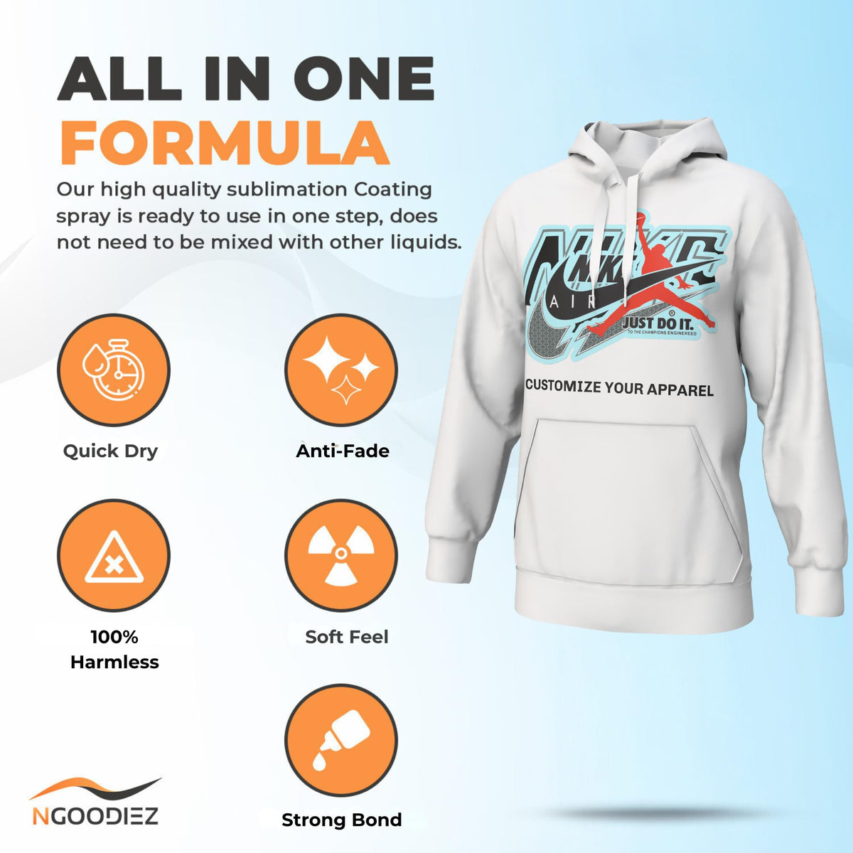 NGOODIEZ Sublimation Coating Spray for Cotton T-Shirts, All Fabric Including Polyester, Carton, Tote Bag, Pillows,Socks with high Gloss Finish and Quick Dry Formula 1 Step Process (100 ml)