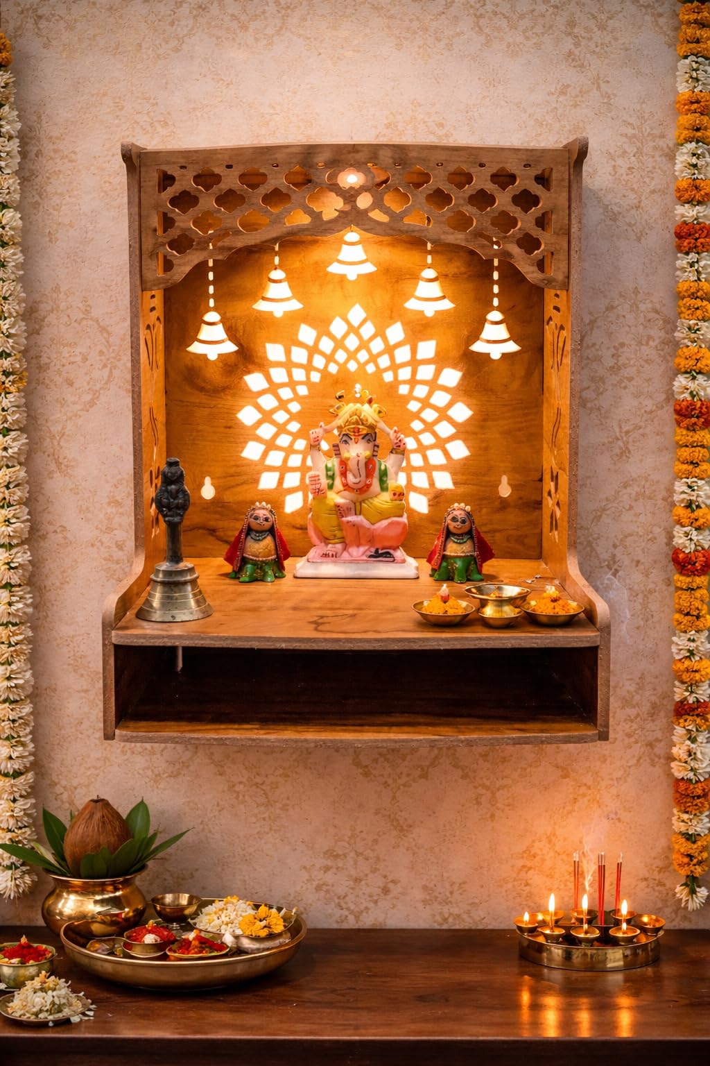 PIXELCRAFTS Wooden Temple Puja Mandir Art and Crafts Temple for Home Shop Office with LED SPOT Light. (Size – H 15.5X L 11.5 x W 11 inch)