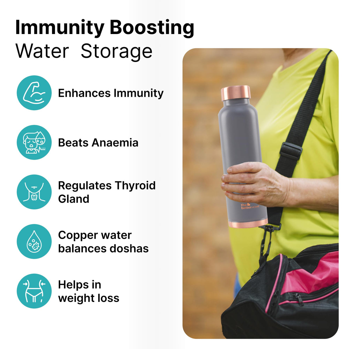 The Better Home Copper Water Bottle 950ml | BPA Free Leak Proof Bottle with Anti Oxidant Properties | 100% Copper Water Bottle | Grey