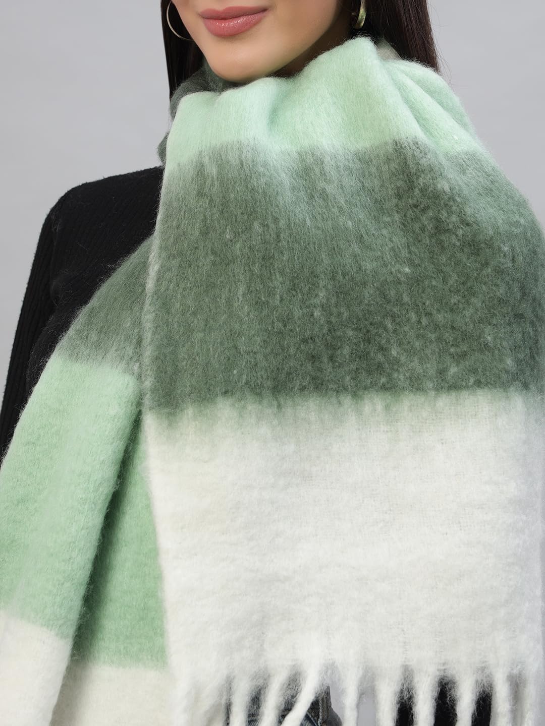 Ravaiyaa - Attitude is everything Reversible Wool Scarves Striped Pattern Women Neck Wraps Muffler Winter Wool Scarf 72 x14 Inch (Green & White)