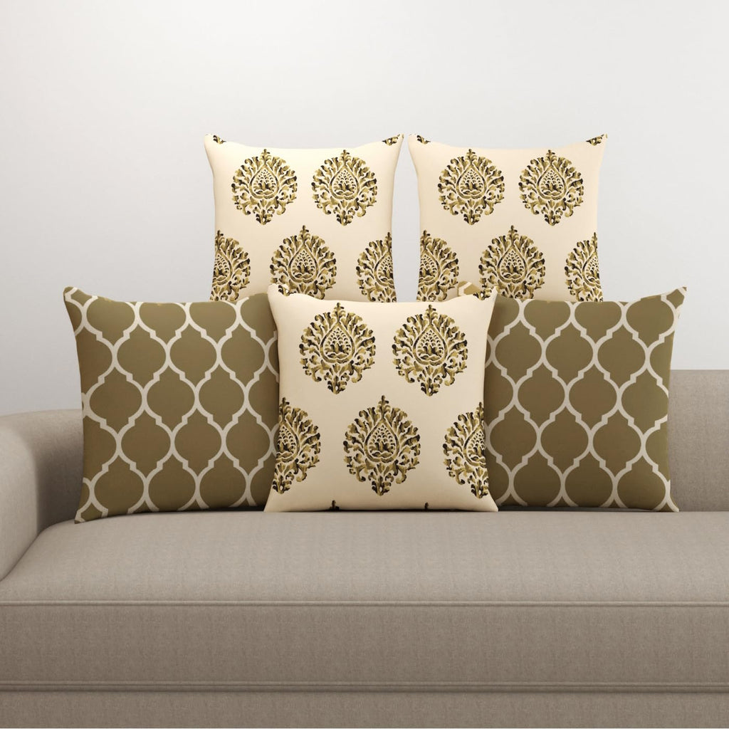 Trance Home Linen Cotton 16X16 In Cushion Covers Only For Sofa & Diwan, Throw Pillow, (16X16 In, 40x40Cm, Damask & Dori Forest Green), Set of 5