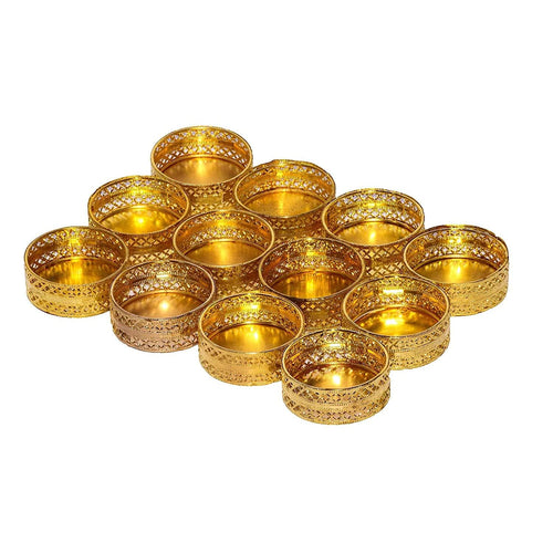 12 pc Metal Tealight Round Golden Candle Holder Stands for Pooja thali Decoration Candle Stand Diya Stand for All Festive Diwali Laxmi Pooja Ganesh Chaturthi Home Temple Floor Decoration