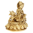 Svarup Brass Shri Krishna Idol with Cow Kishan Bhagwan Murti Lord Krishna Cow Statue with Flute Big Size Height 8.5 Inch Weight 3.3 Kg Color Gold