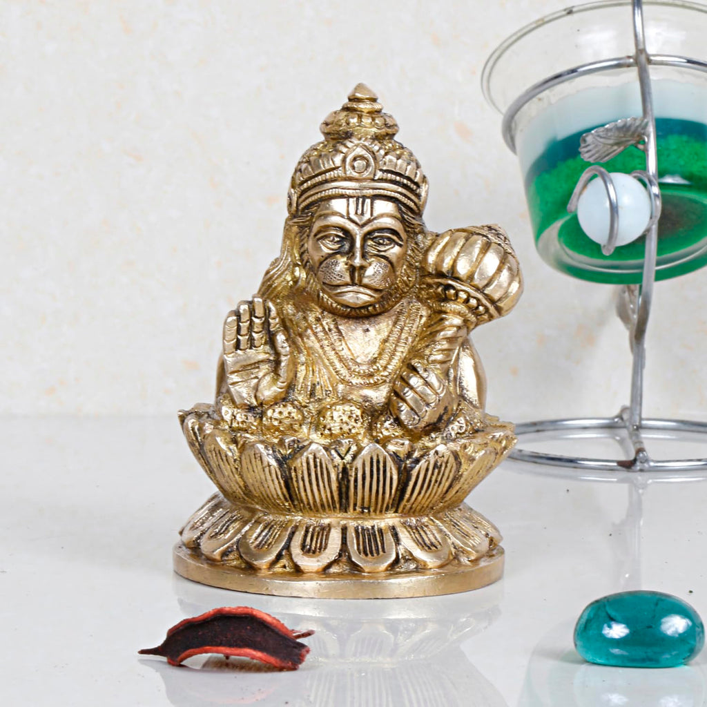 ARTVARKO Brass Blessing Bajrangbali Murti Hanuman Bust on Lotus Statue Home Office Temple Puja 4 Inch