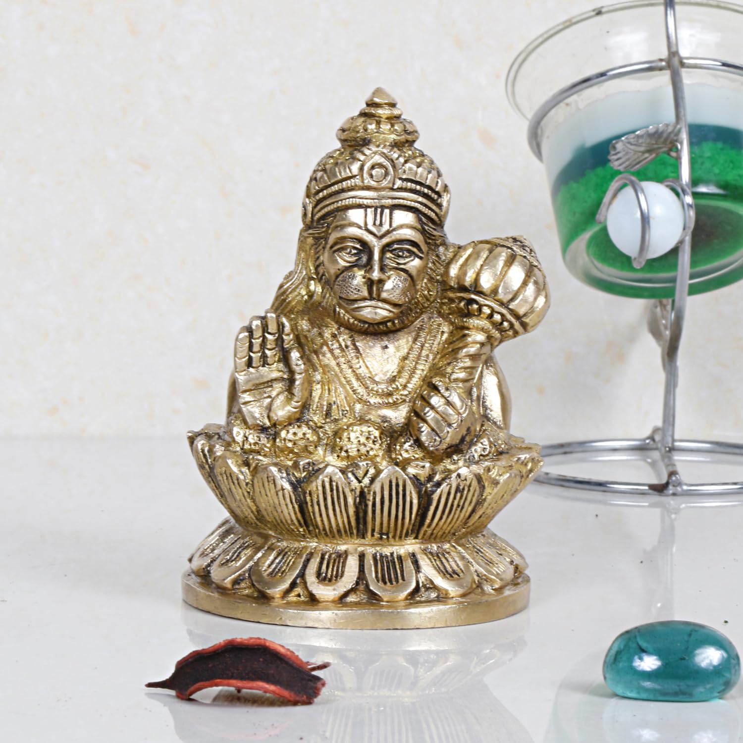 ARTVARKO Brass Blessing Bajrangbali Murti Hanuman Bust on Lotus Statue Home Office Temple Puja 4 Inch