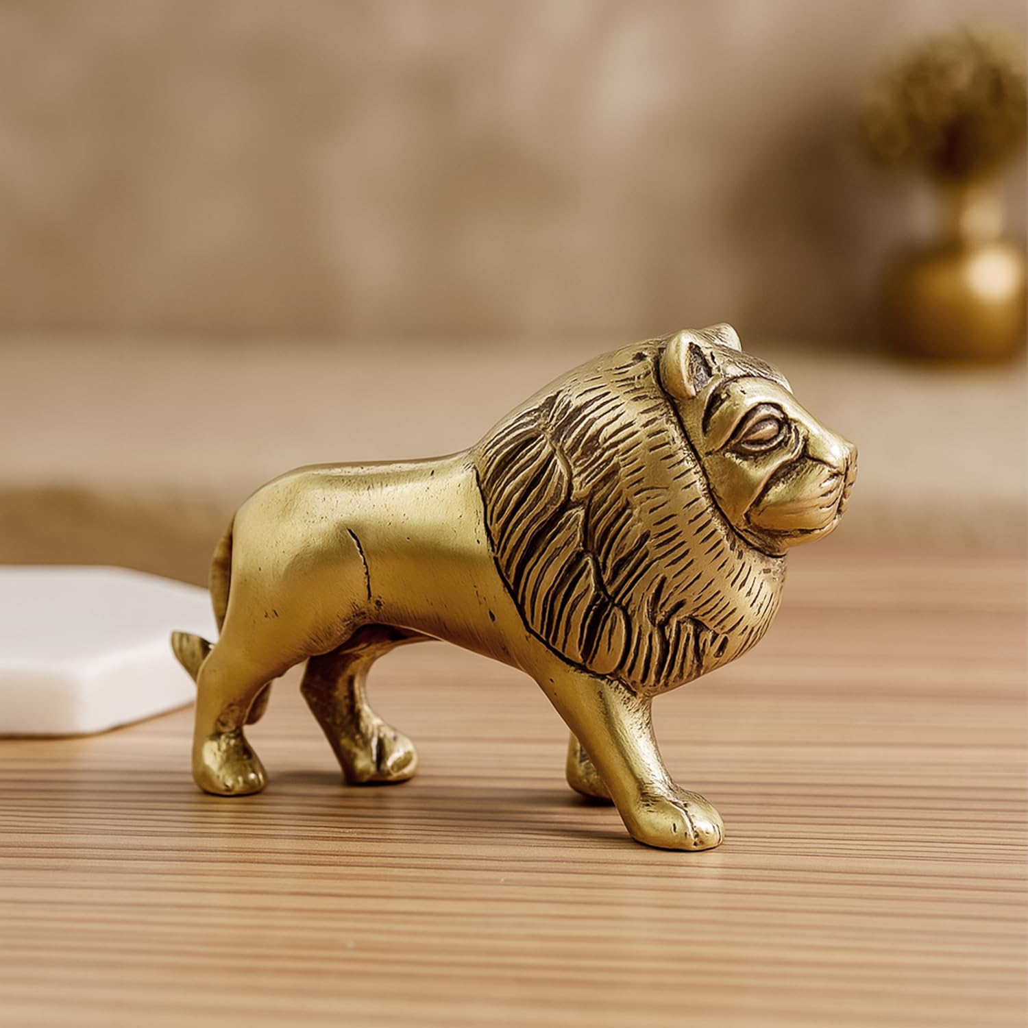 SVARUP Brass Lion Vastu Feng Shui Animal Statue Handcrafted Decorative Showpiece Idol for Home & Office Decor Gold Color 4.5 Inch