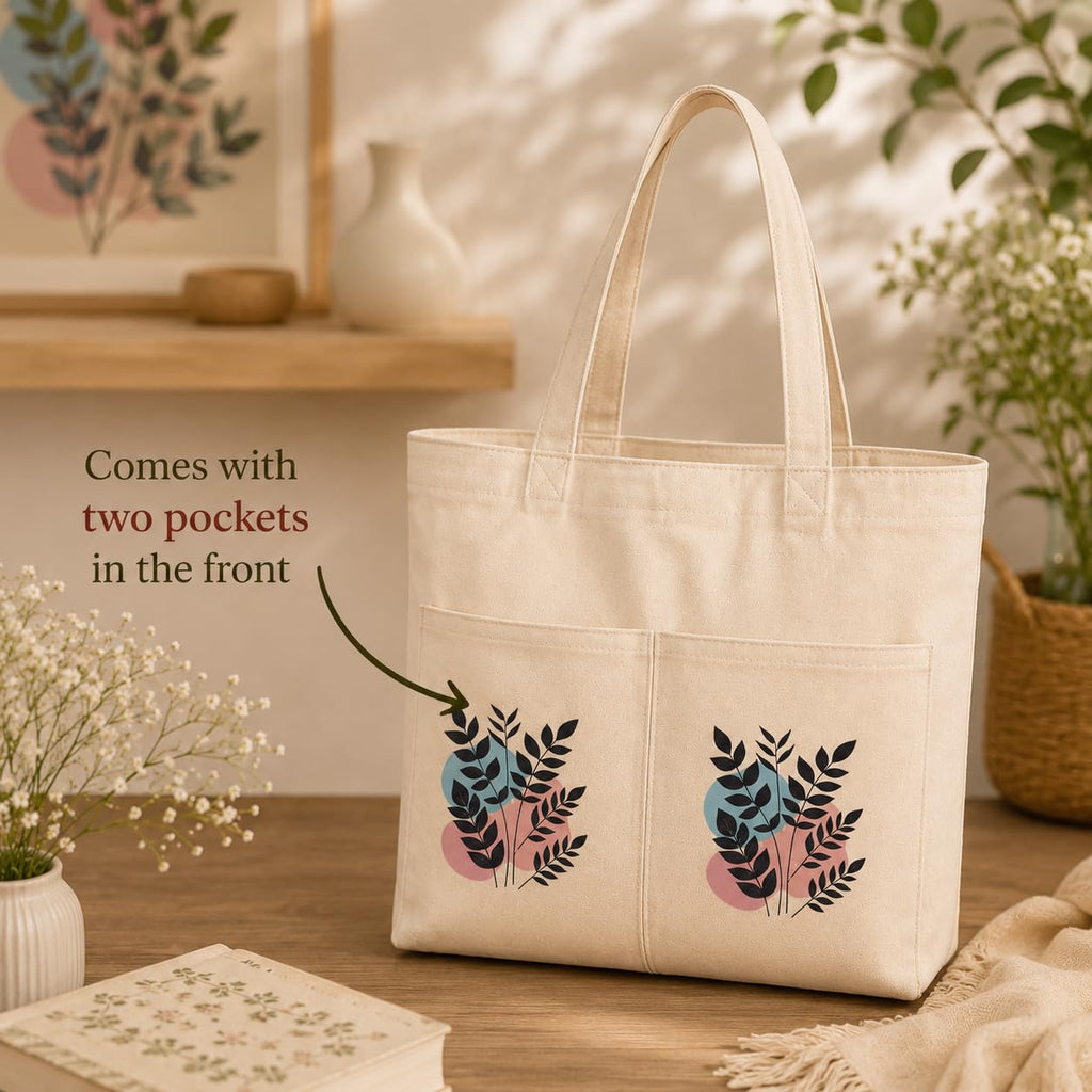 Suryatra Botanical Canvas Tote Bag for Women & Men | Premium Cotton Canvas Shoulder Bag with Dual Front Pockets | Tote Bag for Office, College, Shopping & Travel | Natural | 14 x 16 Inches
