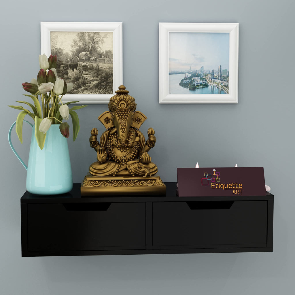 ETIQUETTE ART Wall Mounted Floating Wall Shelf Hanging Puja Temple Shelf with Drawer Stylish Wood God Stand for Pooja Room Mandir Stand for Temple (Black)