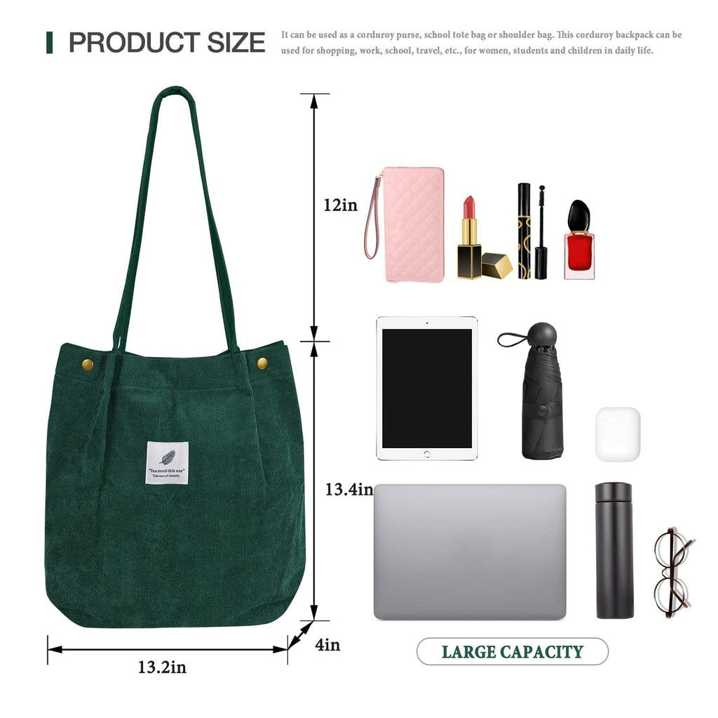 Street27 Korean Canvas Corduroy Tote Bag Casual Work Shoulder Handbags, Multi-Purpose Bag, Sturdy Canvas Bag With Large Capacity, Shopping Bag For Office, College & Daily Use (Green, Womens)