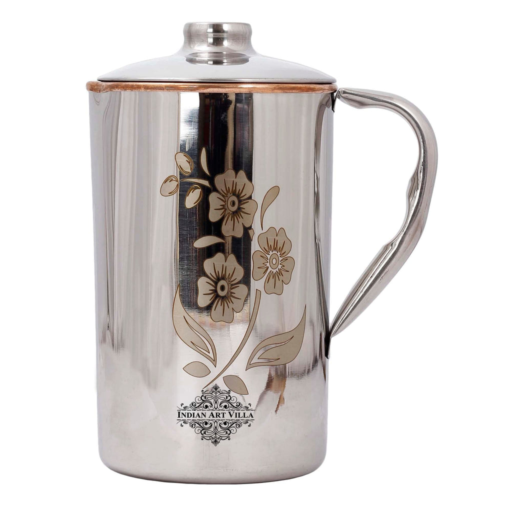 Indian Art Villa Steel Copper Floral Design Jug Pitcher with Lid, Storage & Serving Water, Beneficial for Health, Volume-1000 ML