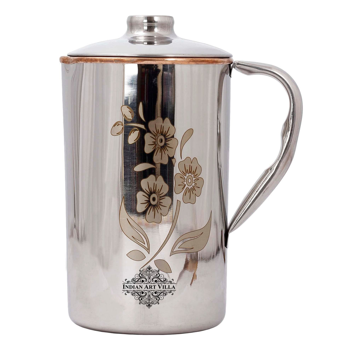 Indian Art Villa Steel Copper Floral Design Jug Pitcher with Lid, Storage & Serving Water, Beneficial for Health, Volume-1000 ML