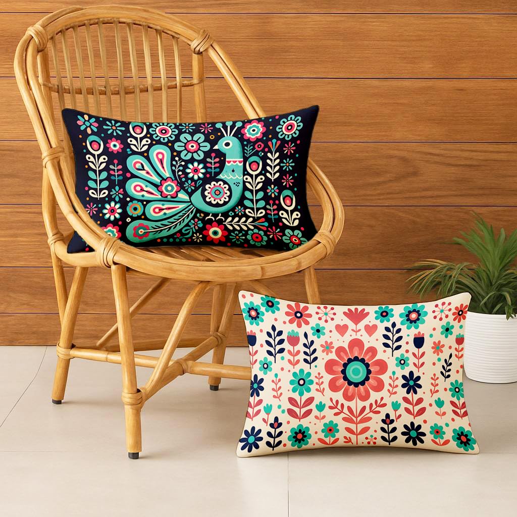 STITCHNEST Folk Art Satin Cushion Covers Peacock & Botanical Motif, 12x18 Inches, Decorative Set for Living Room (Pack of 2)