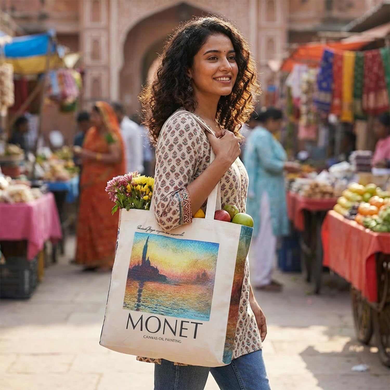 ECOEK Artsy Poly Canvas Tote Bag for Women | Zipper Closure, Bottle Holder & Keychain Hook | Premium Poly Canvas Bag for Travel College, Office | Reusable Shopping Tote Bag Gift(Monet Saint George)