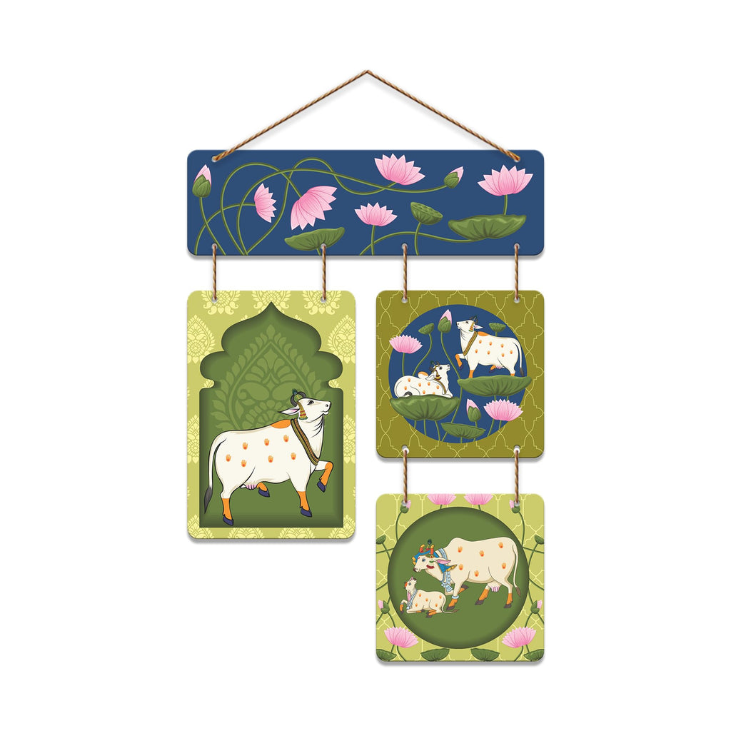 Artvibes Traditional Cow & Calf Pichwai Art Decorative Wall Art MDF Wooden Wall Hanger for Living Room | Room Decoration | Handcrafted Art | Wall Poster | Artworks Hangings | Unique Gift (WH_6521N)