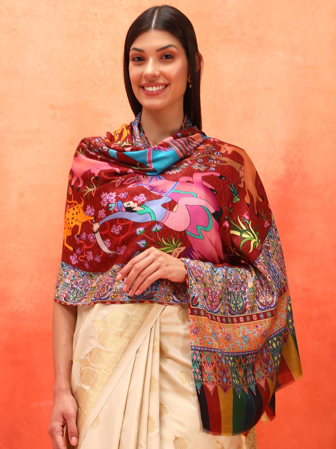Pashmoda Women Royal Caravan Fine Soft Bamboo Fibre Stole (Size 28x80in, 71x203cm) ISST31