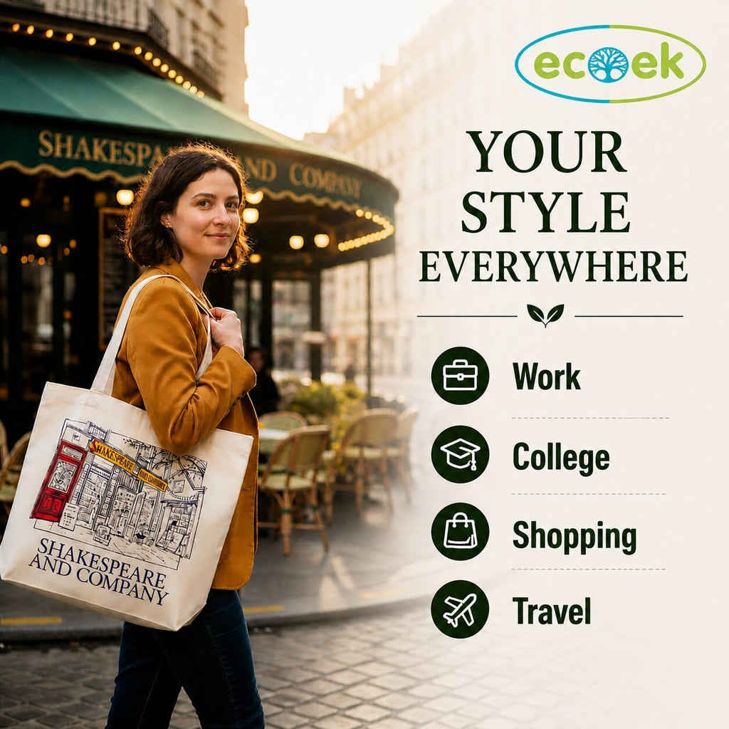 ECOEK Stylish Canvas Tote Bag for Women, Reusable Trendy Zipper Handbag with Pocket, Lightweight Aesthetic Cotton Tote for College, Office, Travel & Daily Use-Shakespeare White