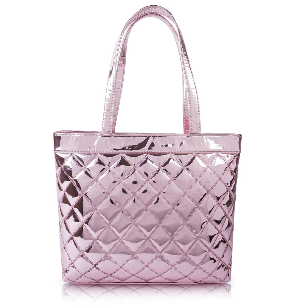 STARWINGS Women’s Glossy Quilted Tote Handbag – Premium PU Leather Shoulder Bag with Zipper Back Pocket | Stylish Office, Casual & Party Carry Bag for Ladies (Pink)