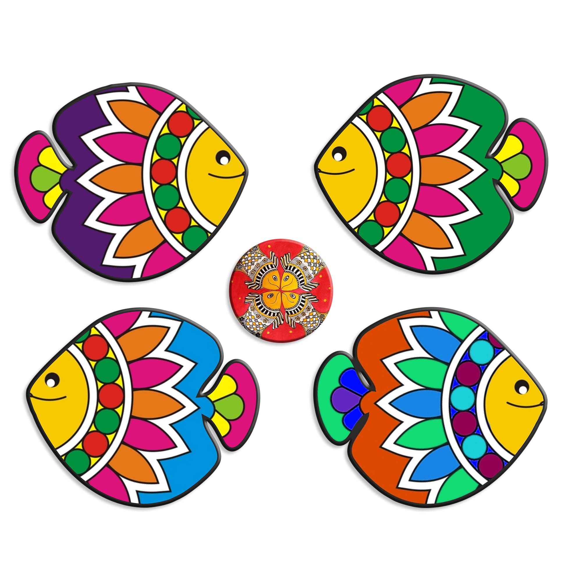 Artvibes Colorful Artistic Fish Decorative Wall Hanging Ornaments | Living Room | Office | Wall Art Painting For Hall | Graphic Artwork | Aesthetic Wooden Decor | Ideal Gifts (WH_5217N), Set of 2