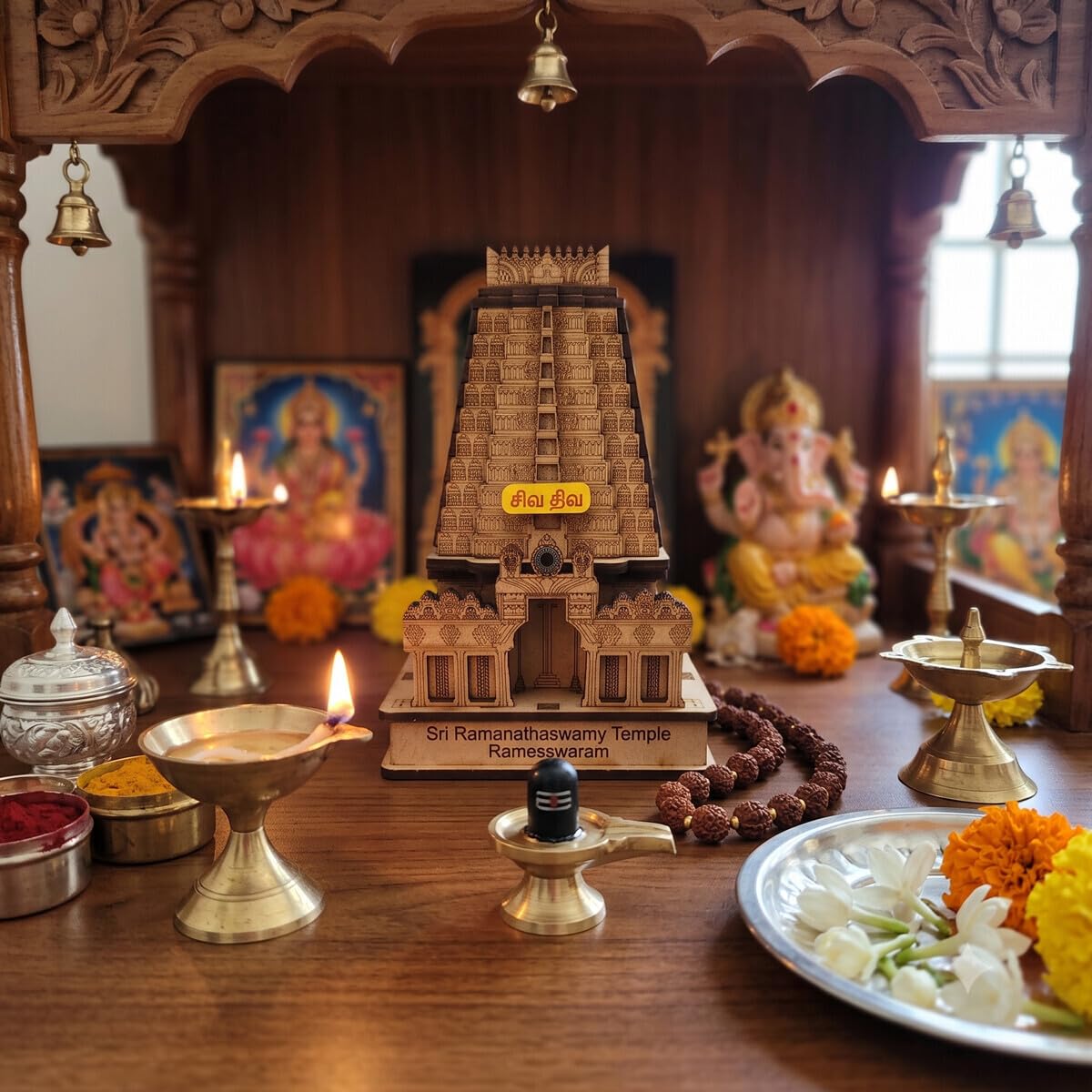 Ayyappan Traders Sri Ramanathaswamy Temple Wooden Miniature Model |Rameshwaram Gopuram Replica|3D Laser-Cut Wooden Temple Souvenir for Home, Pooja Room & Car Dashboard (4.75x3x1.75 Inches)