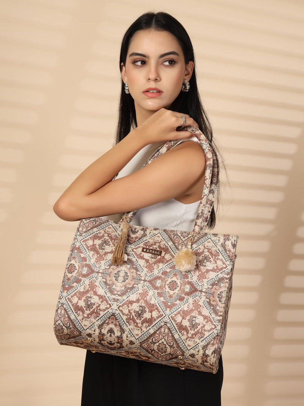 ENSAC Ethnic Print Tote Bag With Zip For Women & Girls | Lightweight Canvas Shoulder Bag, Stylish Designer Handbag, Ethnic Design, Perfect for Office, College & Shopping Use