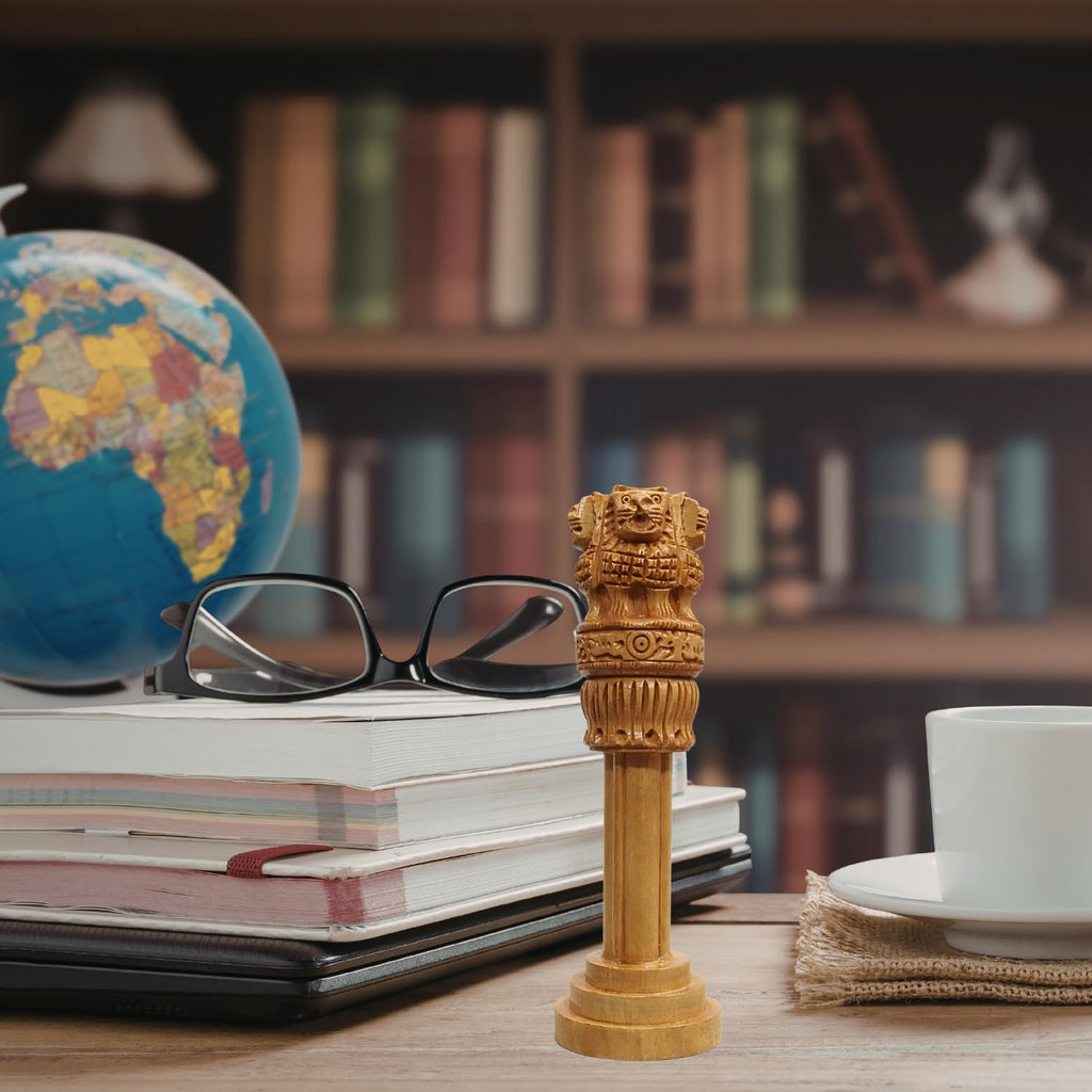 SHRIVIK ENTERPRISES Handcrafted Wooden Ashoka Pillar Showpiece | Ashoka Stambh National Emblem Statue for Home Office & Table Decor