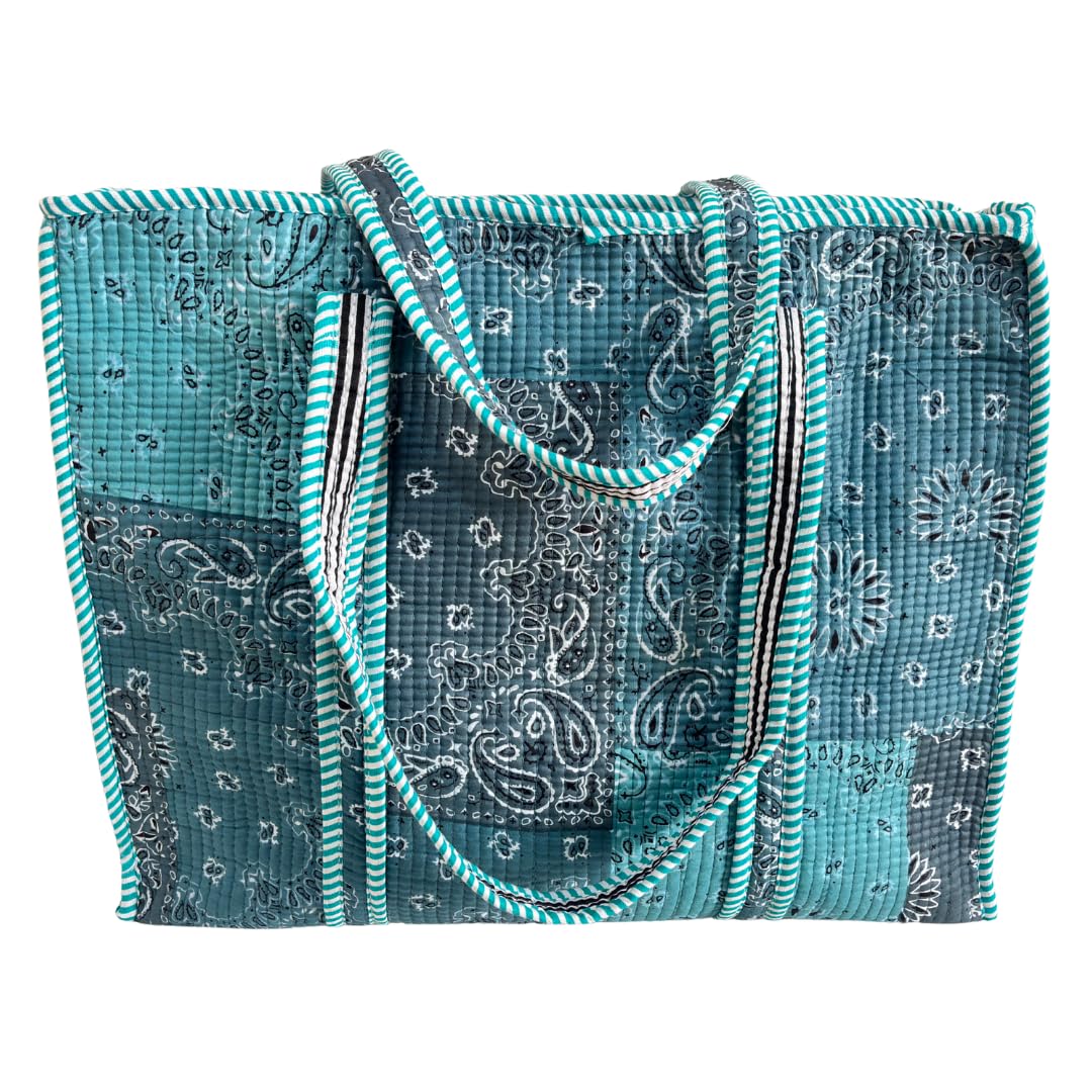 Bazaar Bhoot Edition Premium Cotton Quilted Shopping Tote Bag - Multipurpose Long Lasting Foldable Reusable Bag with zipper for Shopping, Travel & Daily Use - Made in India (Shaded Teal Blue)