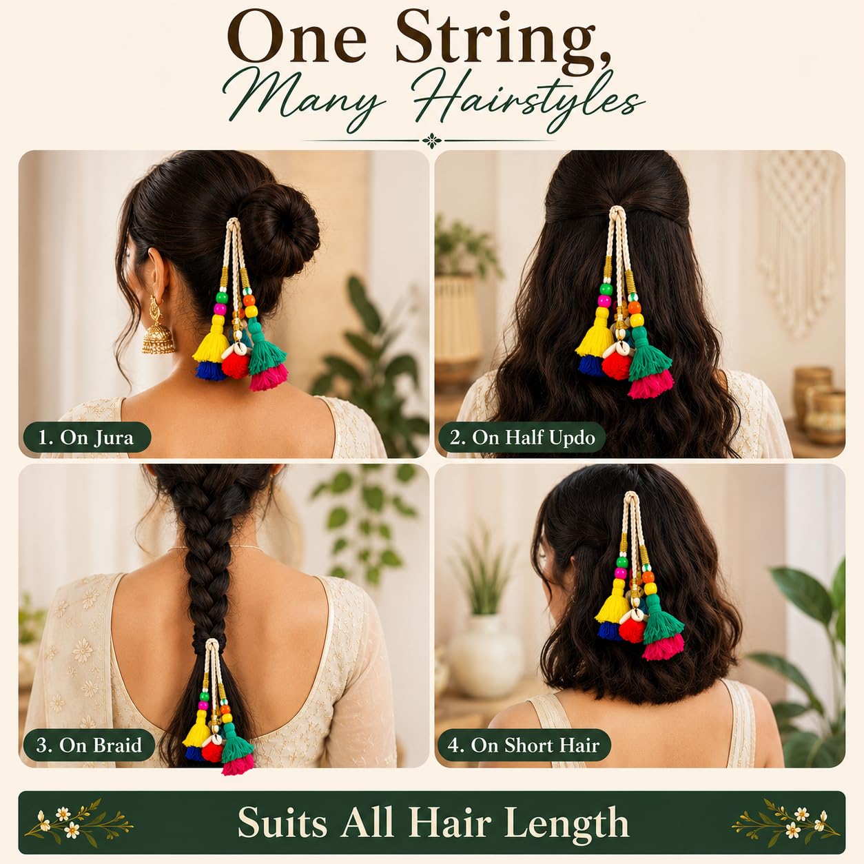 Zippy Flora Boho Handmade Colorful Jura Hair String for Navratri, Ethnic look, Bohemian styling, Colorful hairband for women & girls (Multicolor Boho, Boho Jura String)